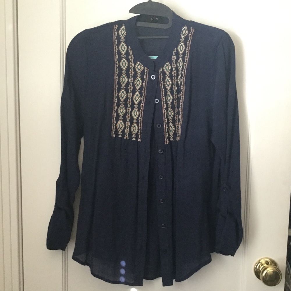 Navy Embroidered Button-Up Blouse